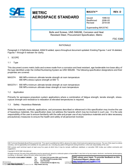 SAE MA3374D-2018 Bolts And Screws, Uns S66286, Corrosion And Heat Resistant Steel, Procurement Specification, Metric