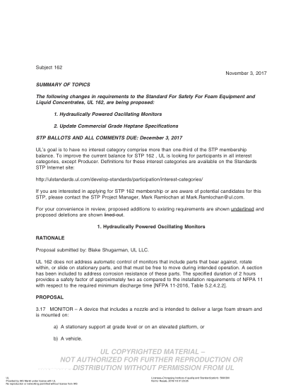 UL 162 BULLETIN/2-2017 UL Standard For Safety Foam Equipment And Liquid Concentrates (Comments Due: December 3, 2017)