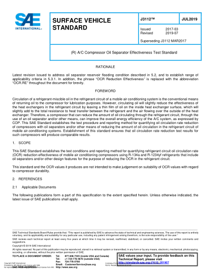 SAE J3112-2019 (R) A/C Compressor Oil Separator Effectiveness Test Standard