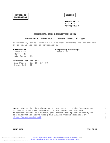 NAVY A-A-59940/2 VALID NOTICE 1-2018 Connectors, Fiber Optic, Single Fiber, Sc Type
