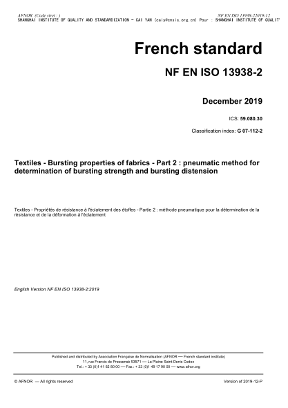 NF EN ISO 13938-2-2019 Textiles - Bursting properties of fabrics - Part 2 : pneumatic method for determination of bursting strength and bursting distension