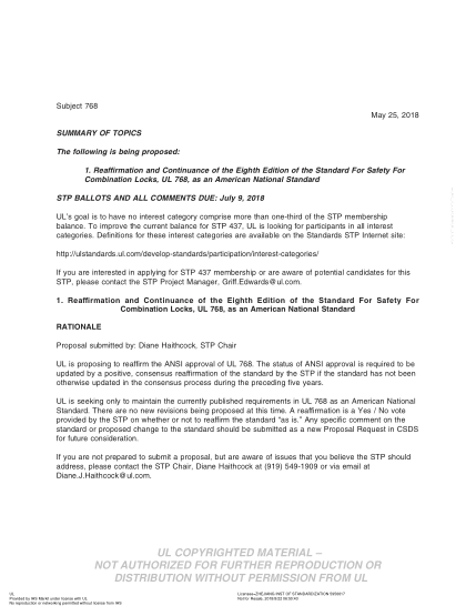 UL 768 BULLETIN-2018 UL Standard For Safety Combination Locks (Comments Due: July 9, 2018)
