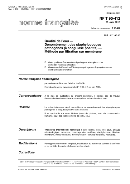 NF T90-412-2016 Water quality - Enumeration of pathogenic staphylococci - Method by membrane filtration