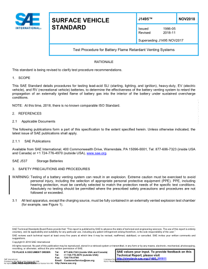 SAE J1495-2018 Test Procedure For Battery Flame Retardant Venting Systems