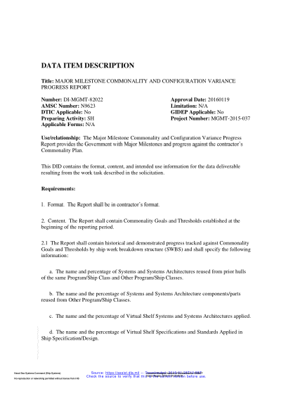 NAVY DI-MGMT-82022-2016 Major Milestone Commonality And Configuration Variance Progress Report