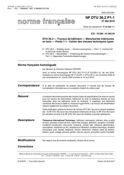 NF DTU 36.2 P1-1-2016 DTU 36.2 - Building works - Interiors wood joinery - Part 1-1 - contract bill of technical model clauses
