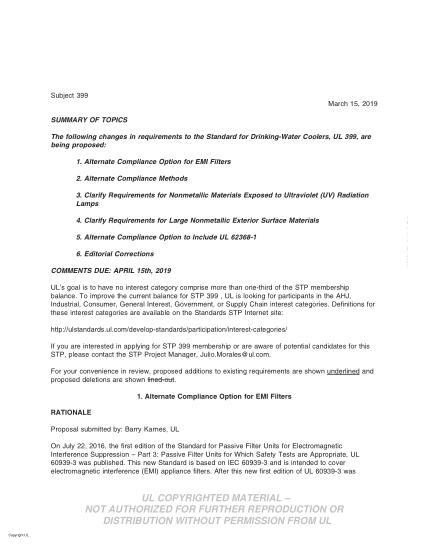 UL 399 BULLETIN/2-2019 UL Standard For Safety Drinking Water Coolers (Comments Due: April 15Th, 2019)