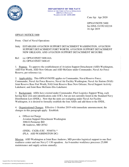 NIDS OPNAV NOTE 5400 19U102218-2019 (Ser Dns-33/19U102218) Establish Aviation Support Detachment Washington, Aviation Support Detachment Fort Worth, Aviation Support Detachment New Orleans, And Aviation Support Detachment Mcguire