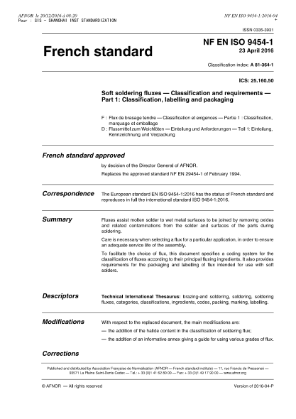 NF A81-364-1-2016 Soft soldering fluxes - Classification and requirements - Part 1 - classification, labelling and packaging