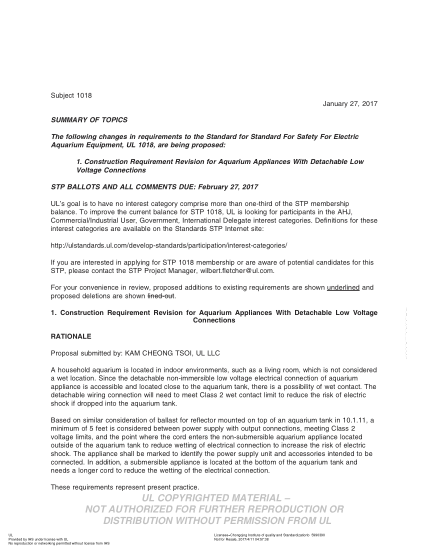 UL 1018 BULLETIN/2-2017 UL Standard for Safety Electric Aquarium Equipment (COMMENTS DUE: February 27, 2017)