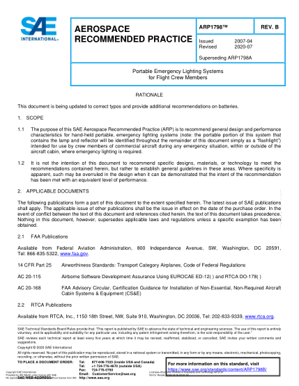 SAE ARP1798B-2020 Portable Emergency Lighting Systems For Flight Crew Members