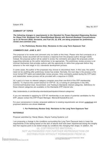 UL 87B BULLETIN-2017 Ul Outline Of Investigation For Power-Operated Dispensing Devices For Diesel Fuel, Biodiesel Fuel, Diesel/Biodiesel Blends With Nominal Biodiesel Concentrations Up To 20 Percent (B20), Kerosene, And Fuel Oil (Comments Due: June 9, 2