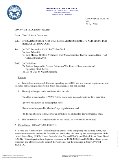 NIDS OPNAV 4020.15P-2018 (N41) Operating Stock And War Reserve Requirements And Stock For Petroleum Products