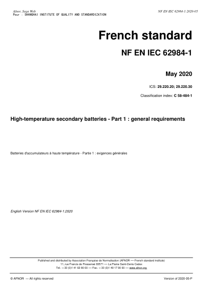 NF EN IEC 62984-1-2020 High-temperature secondary batteries - Part 1 : general requirements
