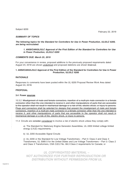 UL 6200 BULLETIN-2019 Ul Outline Of Investigation For Controls For Stationary Engine Driven Assemblies (Comments Due: March 25, 2019)