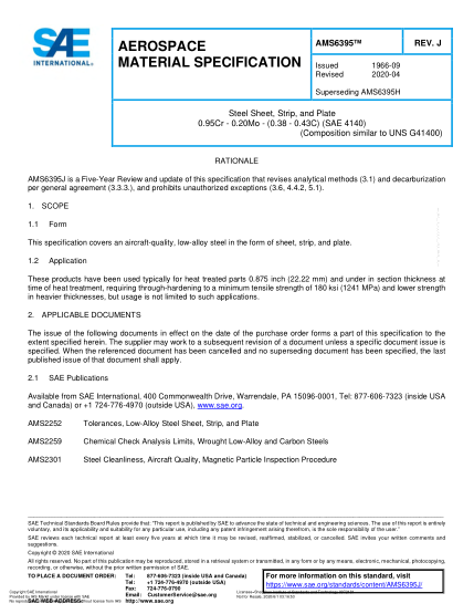 SAE AMS6395J-2020 Steel Sheet, Strip, And Plate 0.95Cr - 0.20Mo - (0.38 - 0.43C) (Sae 4140) (Uns G41400)
