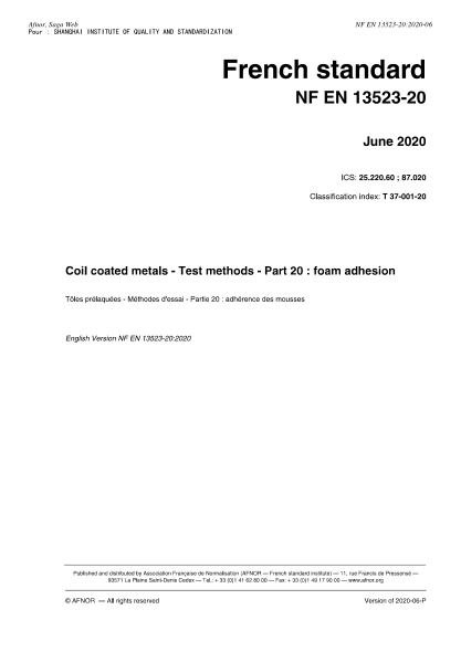 NF EN 13523-20-2020 Coil coated metals - Test methods - Part 20 : foam adhesion