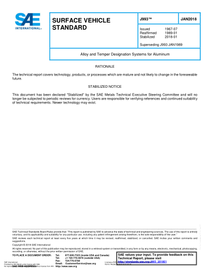 SAE J993-2018 Alloy And Temper Designation Systems For Aluminum