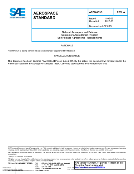 SAE AS7106/5A-2017 National Aerospace And Defense Contractors Accreditation Program Self-Release Agreements - Requirements