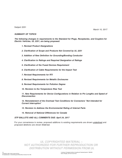 UL 2251 BULLETIN-2017 Ul Standard For Safety Plugs, Receptacles, And Couplers For Electric Vehicles (Comments Due: April 24, 2017)