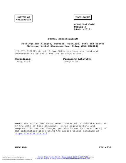 NAVY MIL-DTL-23508F VALID NOTICE 3-2018 Fittings And Flanges, Wrought, Seamless, Butt And Socket Welding, Nickel-Chromium-Iron Alloy (Uns N06600)
