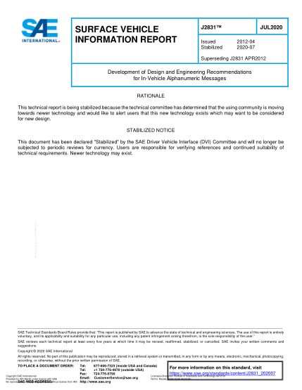 SAE J2831-2020 Development Of Design And Engineering Recommendations For In-Vehicle Alphanumeric Messages