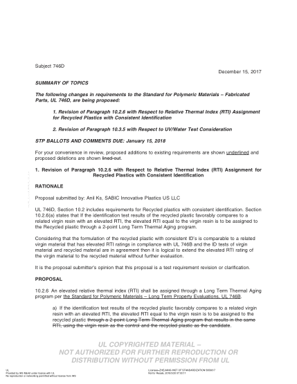 UL 746D BULLETIN/3-2017 Ul Standard For Safety Polymeric Materials - Fabricated Parts (Comments Due: January 15, 2018)