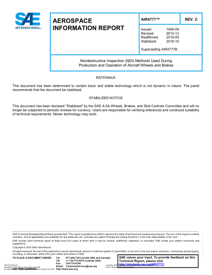 SAE AIR4777C-2018 Nondestructive Inspection (Ndi) Methods Used During Production And Operation Of Aircraft Wheels And Brakes