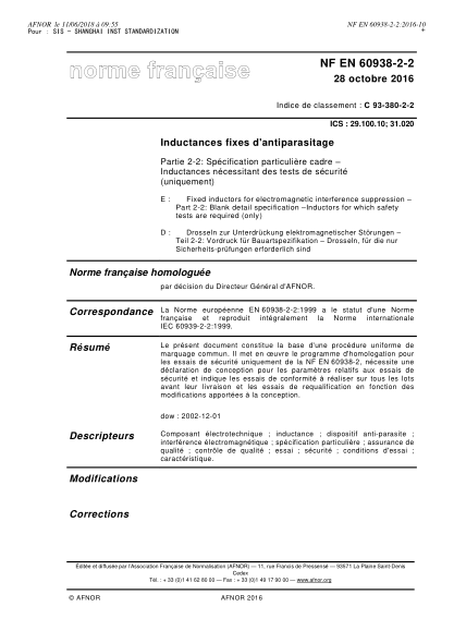 NF EN 60938-2-2-2016 Fixed inductors for electromagnetic interference suppression - Part 2-2 - blank detail specification - Inductors for which safety tests are required (only)