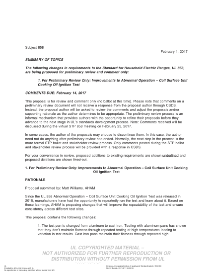 UL 858 BULLETIN/2-2017 UL Standard for Safety Household Electric Ranges (COMMENTS DUE: February 14, 2017)
