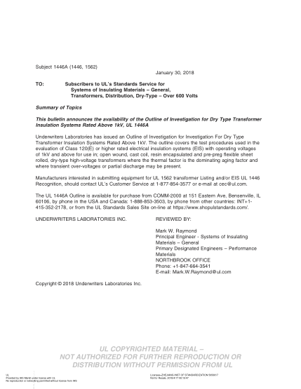 UL 1562 BULLETIN-2018 Ul Standard For Safety Transformers, Distribution, Dry-Type - Over 600 Volts