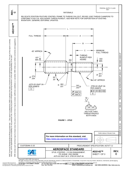 SAE AS3142C-2020 Stud, Stepped - 2.5 Dia Engagement, Pd Shank, Uns S66286 .4375-20 Unjf-3A X .3750-24 Unjf-3A