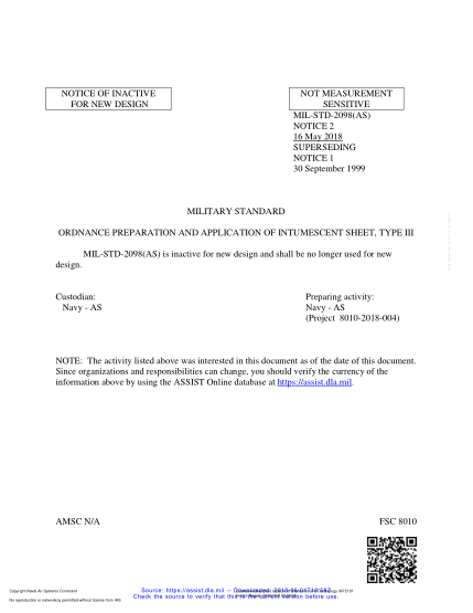 NAVY MIL-STD-2098 NOTICE 2-2018 Ordnance Preparation And Application Of Intumescent Sheet, Type Iii