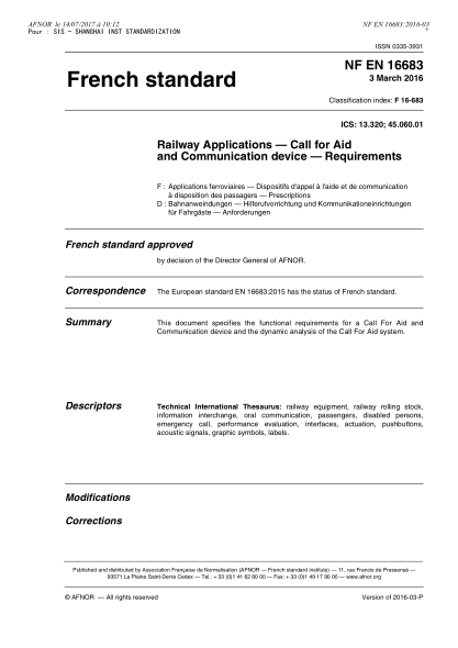 NF EN 16683-2016 Railway applications - Call for aid and communication device - Requirements