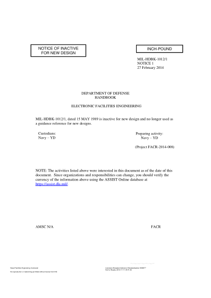 NAVY MIL-HDBK-1012/1 NOTICE 1-2014 ELECTRONIC FACILITIES ENGINEERING