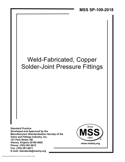 MSS SP-109-2018 Weld-Fabricated, Copper Solder-Joint Pressure Fittings