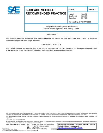 SAE J2419-2017 Occupant Restraint System Evaluation - Frontal Impact System-Level Heavy Trucks