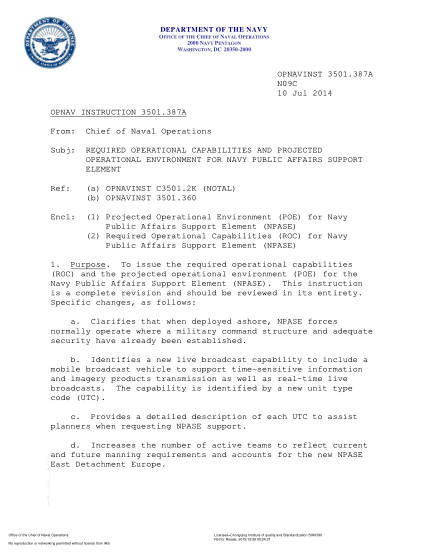 NIDS OPNAV 3501.387A-2014 (N09C) Required Operational Capabilities And Projected Operational Environment For Navy Public Affairs Support Element
