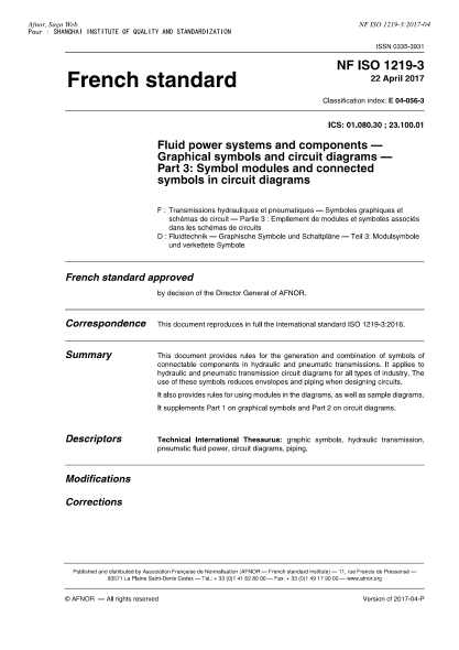 NF E04-056-3-2017 Fluid power systems and components-Graphical symbols and circuit diagrams-Part 3-symbol modules and connected symbols in circuit diagrams