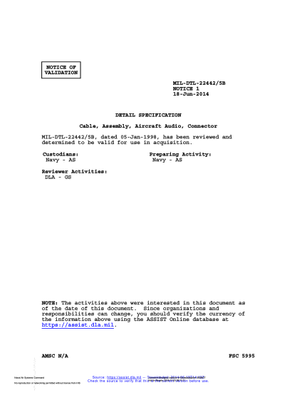NAVY MIL-DTL-22442/5B VALID NOTICE 1-2014 Cable,Assembly,Aircraft Audio,Connector