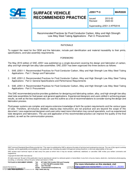 SAE J2551-3-2020 Recommended Practices For Fluid Conductor Carbon, Alloy And High Strength Low Alloy Steel Tubing Applications - Part 3: Procurement