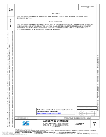 SAE AS3129C-2019 Plug, Expansion - Cres, 303, Long, Std And .010 Oversize Diameters, (Uns S30300)