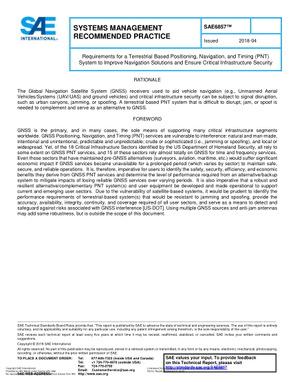 SAE 6857-2018 Requirements For A Terrestrial Based Positioning,Navigation,And Timing (Pnt) System To Improve Navigation Solutions And Ensure Critical Infrastructure Security