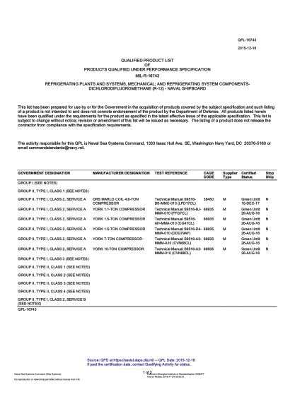 NAVY QPL-16743-2015 Refrigerating Plants And Systems,Mechanical;And Refrigerating System Componentsdichlorodifluoromethane (R-12). Naval Shipboard