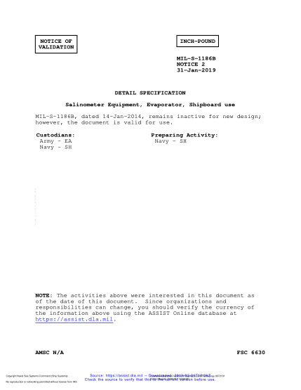 NAVY MIL-S-1186B VALID NOTICE 2-2019 Salinometer Equipment, Evaporator, Shipboard Use