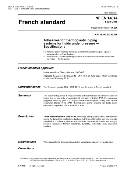NF EN 14814-2016 Adhesives for thermoplastic piping systems for fluids under pressure - Specifications