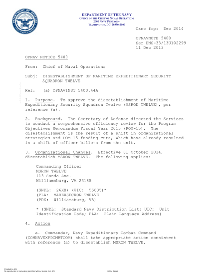 NIDS OPNAV NOTE 5400 13U102299-2013 (Ser Dns-33/13U102299) Disestablishment Of Maritime Expeditionary Security Squadron Twelve