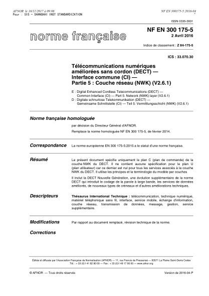 NF Z84-175-5-2016 Digital enhanced cordless telecommunications (DECT) - Common interface (CI) - Part 5 - network (NWK) layer (V2.6.1)