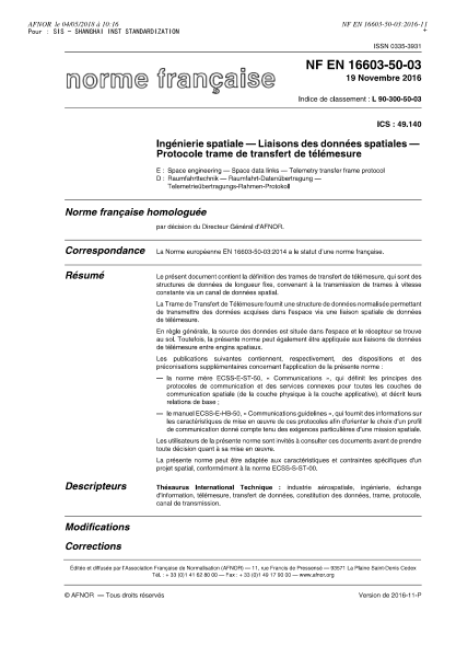 NF EN 16603-50-03-2016 Space engineering - Space data links - Telemetry transfer frame protocol