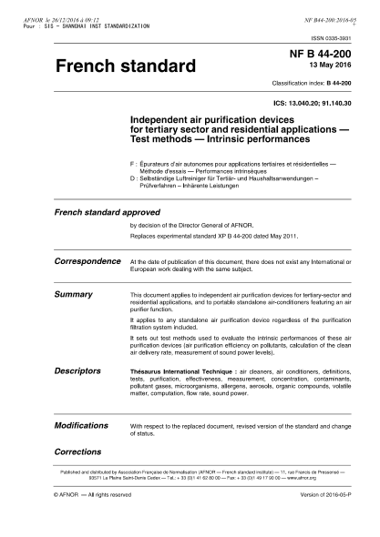 NF B44-200-2016 Independent air purification devices for tertiary sector and residential applications - Test methods - Intrinsic performances